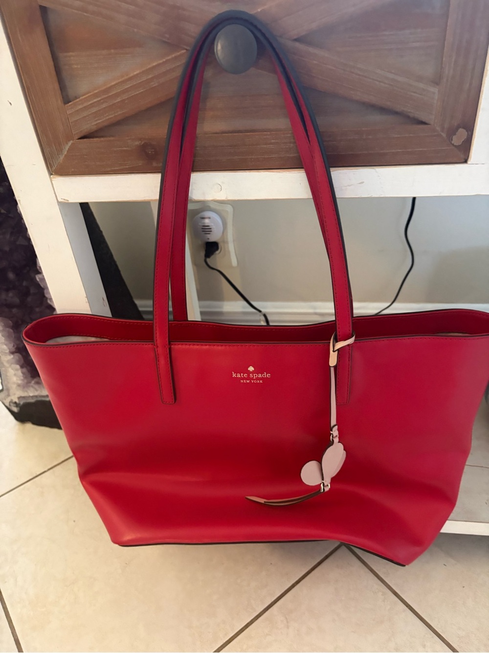 kate spade red leather tote with charm
